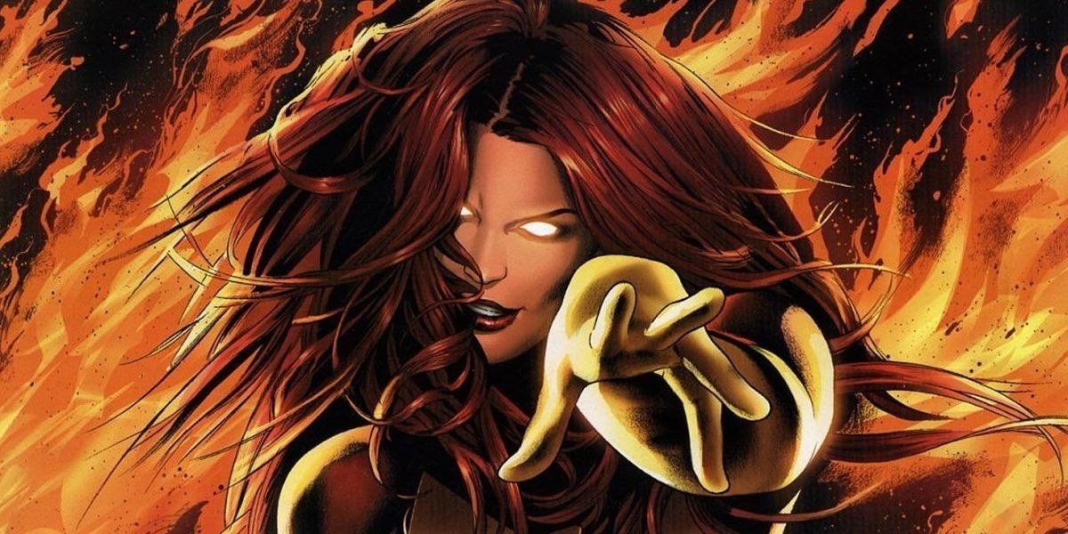 The Dark Phoenix version of Jena Grey taunts her opponents with an outstretched hand.