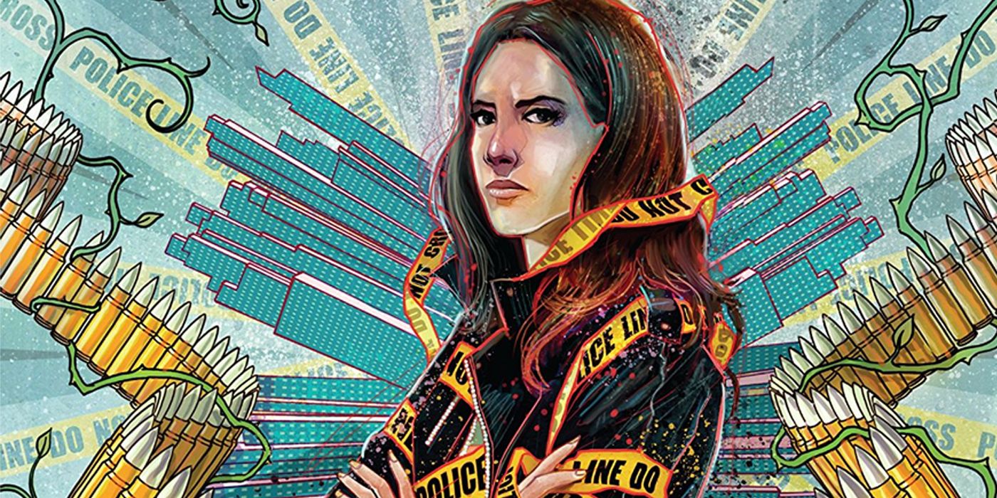 Jessica Jones wrapped in police tape in Marvel Comics