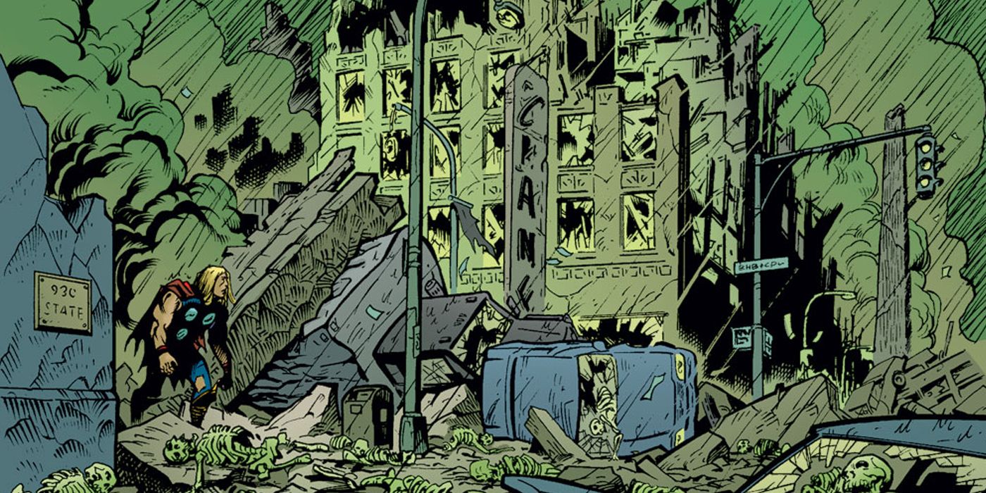 Thor wandering through a Destroyed Washington D.C. during the Kang Dynasty in the Marvel comics