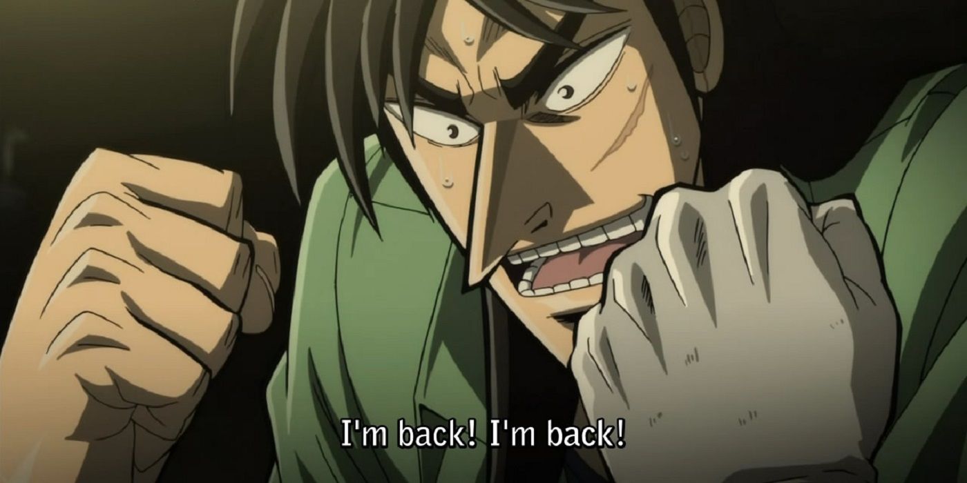 Kaiji celebrating his return, pumping his fists, with "I'm back! I'm back!" in subtitles.