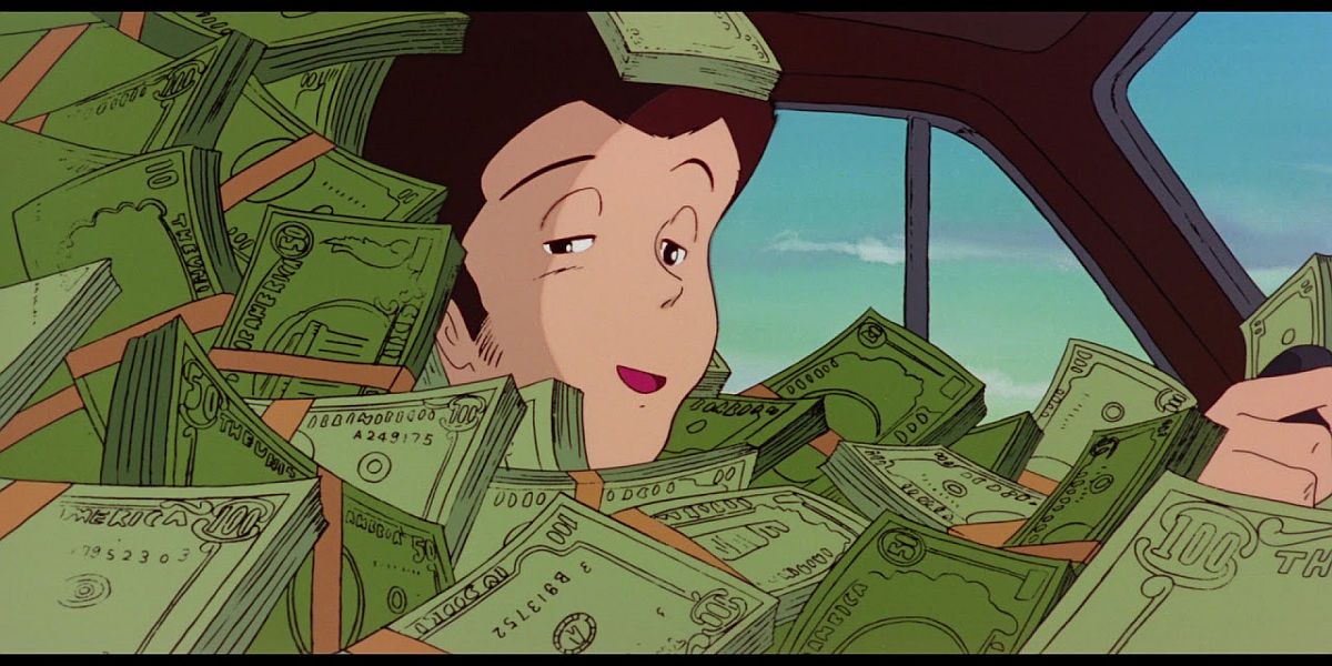 Lupin the Third covered in stacks of money in the cab of a car
