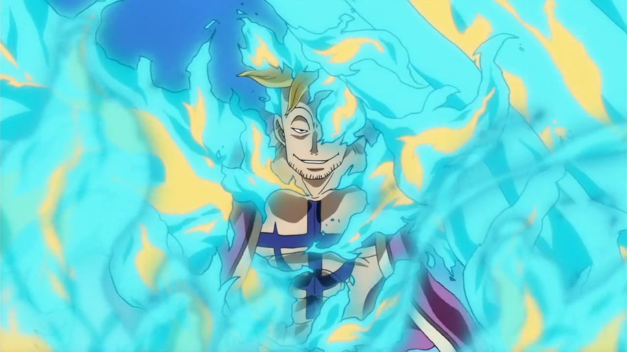 A still from One Piece shows Marco smiling while surrounded by blue flames