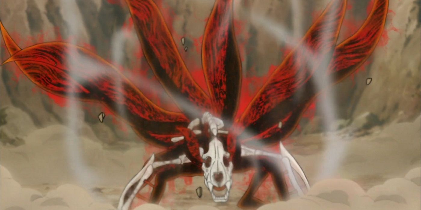 Naruto's fox cloak has several tails and a skeleton.