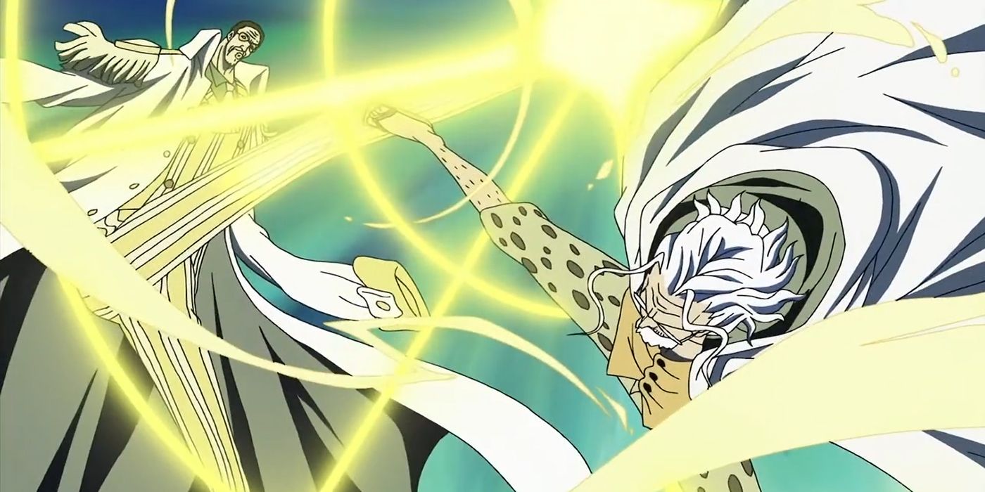 Silvers Raleigh fighting Admiral Kizaru with Haki in One Piece.