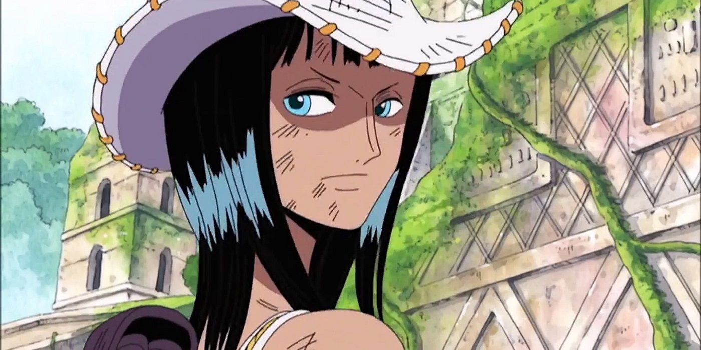 Nico Robin wearing a hat and looking over her shoulder in One Piece.