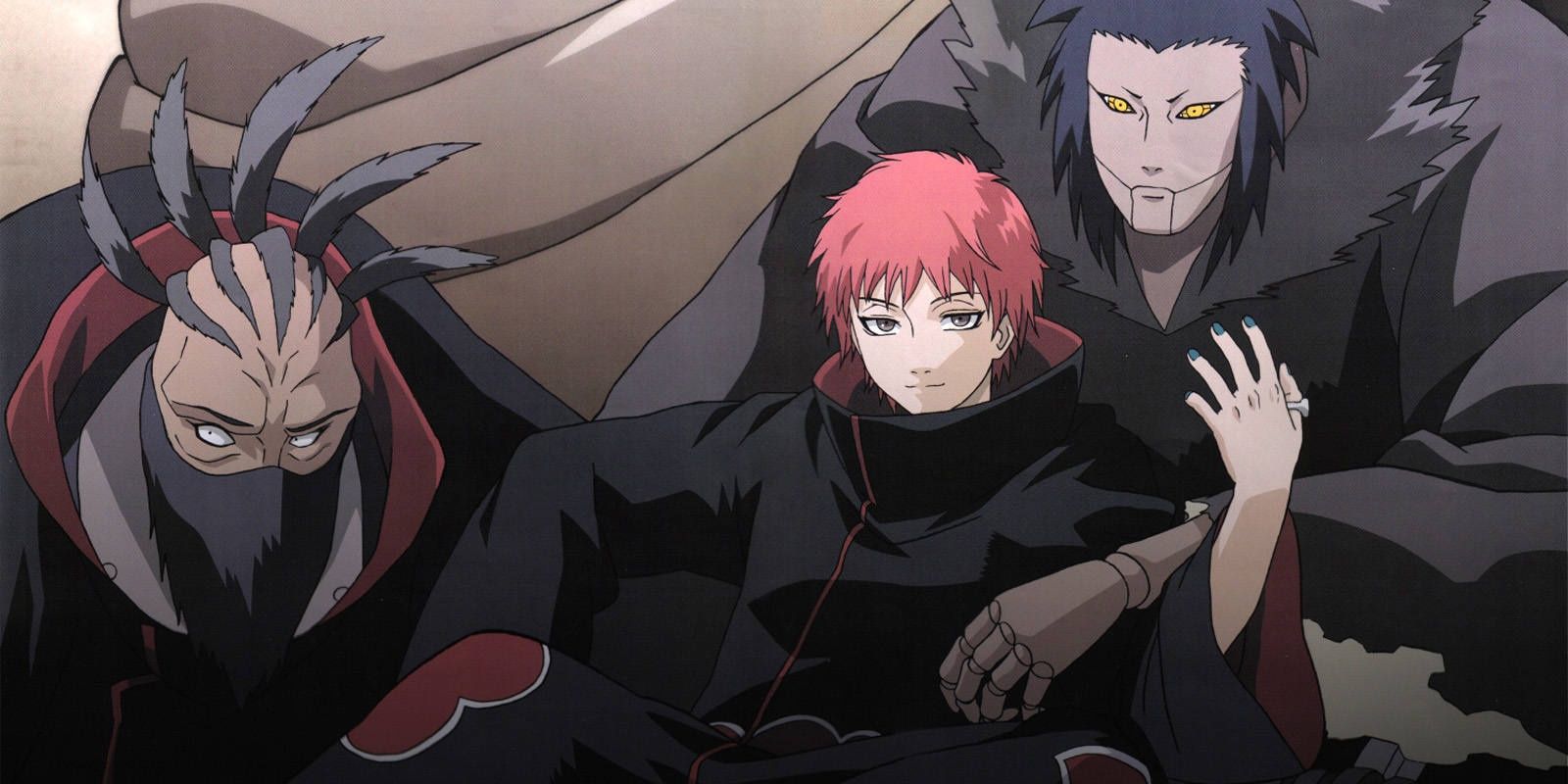 Sasori, member of the Akatsuki, sitting next to two of his favorite puppets in Naruto.