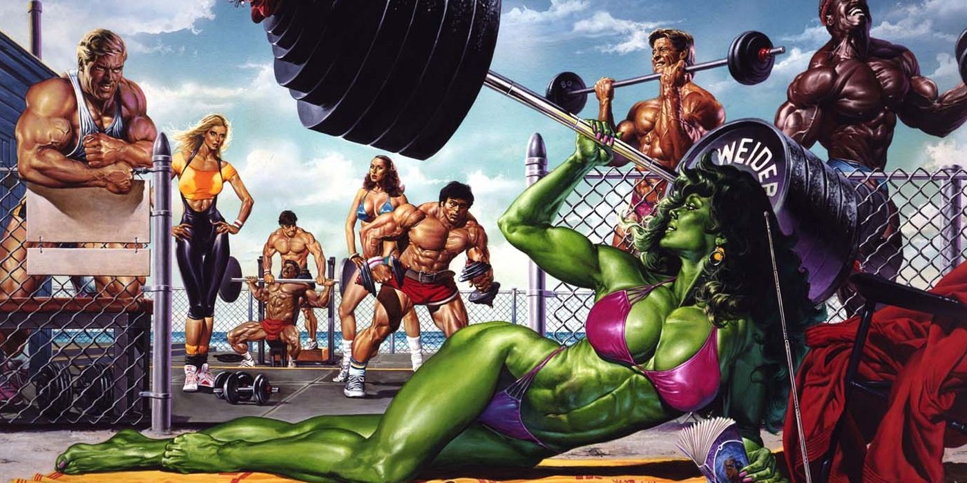 She-Hulk working out at Muscle Beach by Joe Jusko in Marvel Comics