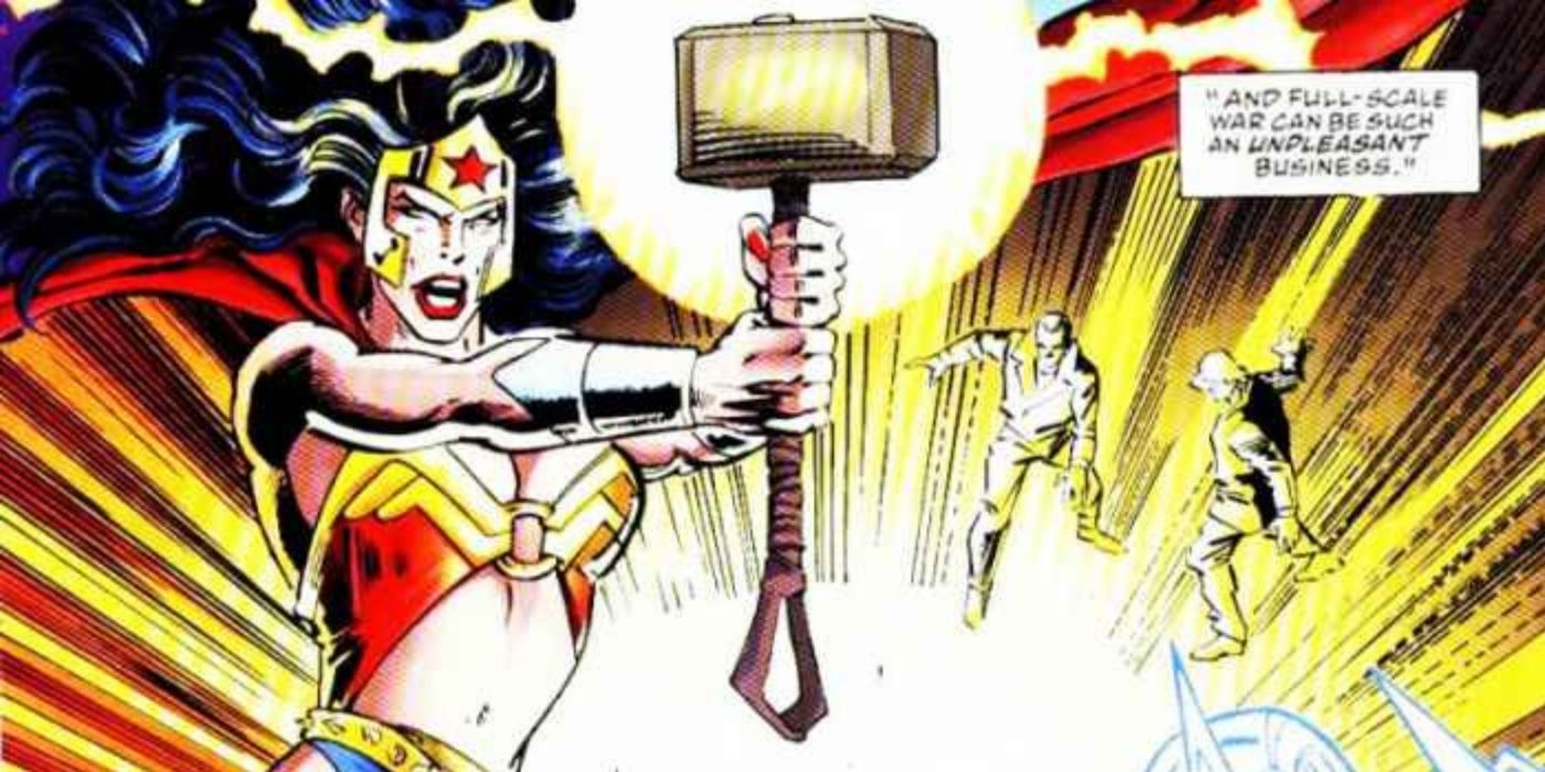 Wonder Woman lifting Mjolnir
