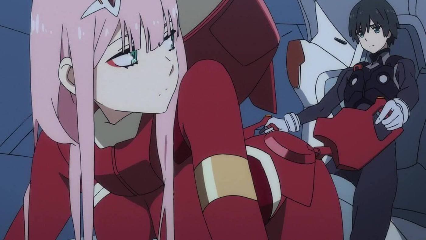 Zero Two and Hiro piloting a Franxx Darling in the Franxx