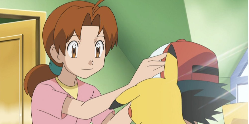Ash and his mom and Pikachu