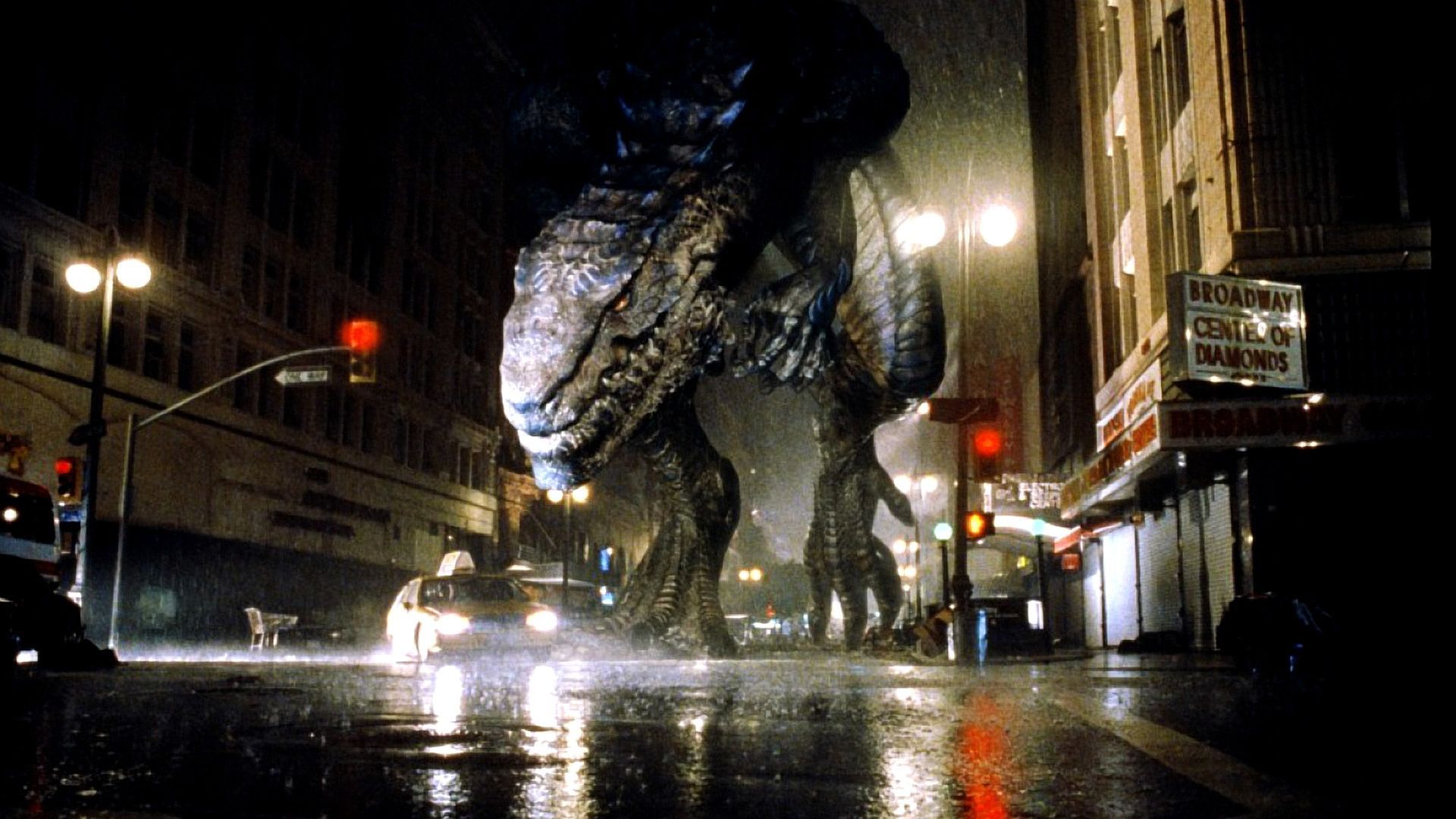 Zilla roams free on an open street in Godzilla 1998.