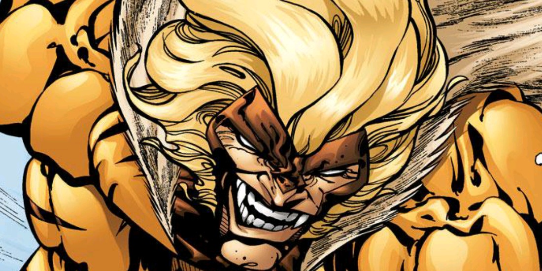A close up of sabretooth sneering