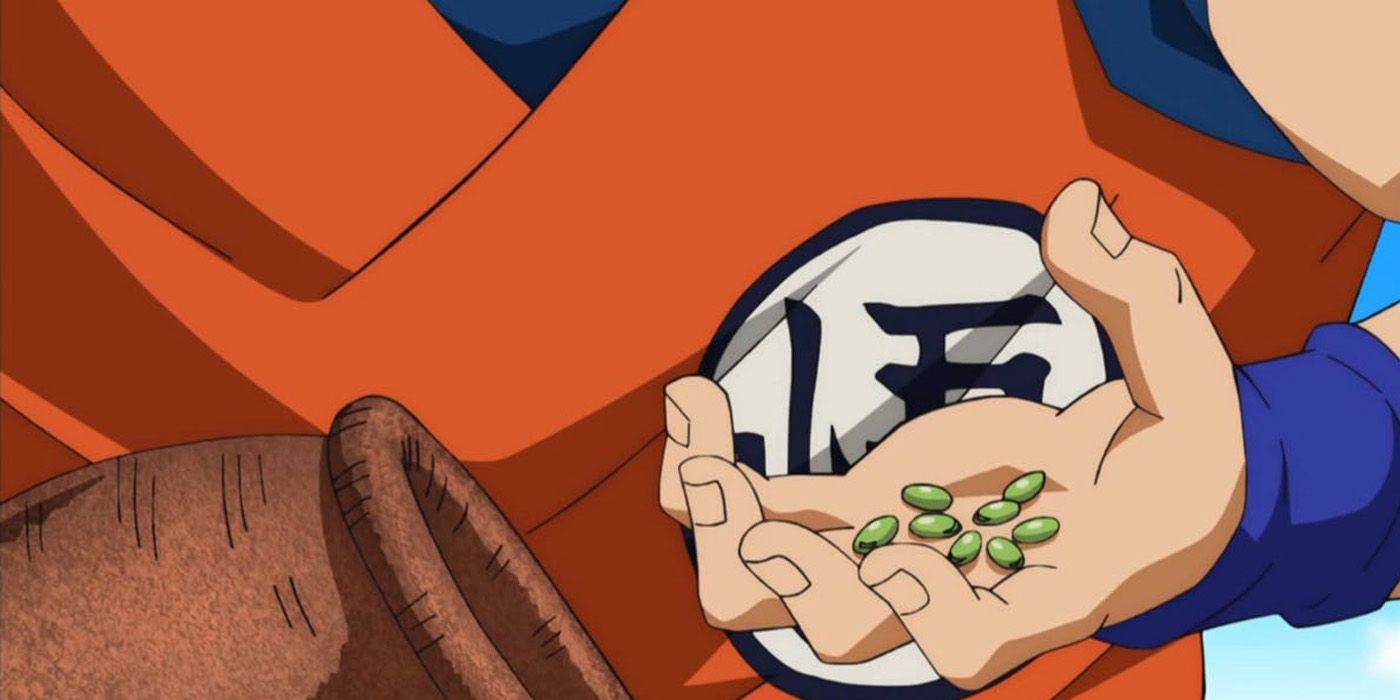 Goku pega um punhado de feijões Senzu em Dragon Ball Super