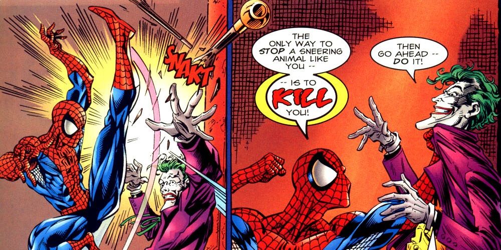 Spider-Man wants to kill the Joker from Spider-Man and Batman comic.
