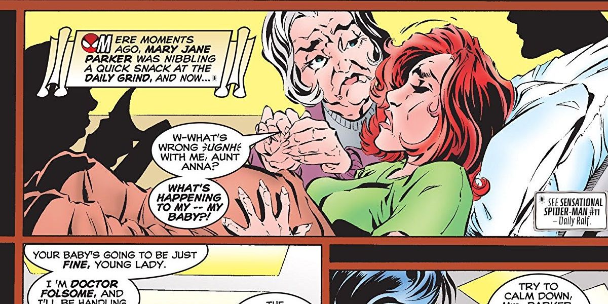 A comic panel of the apparent death of Peter Parker and Mary Jane's baby in Marvel Comics