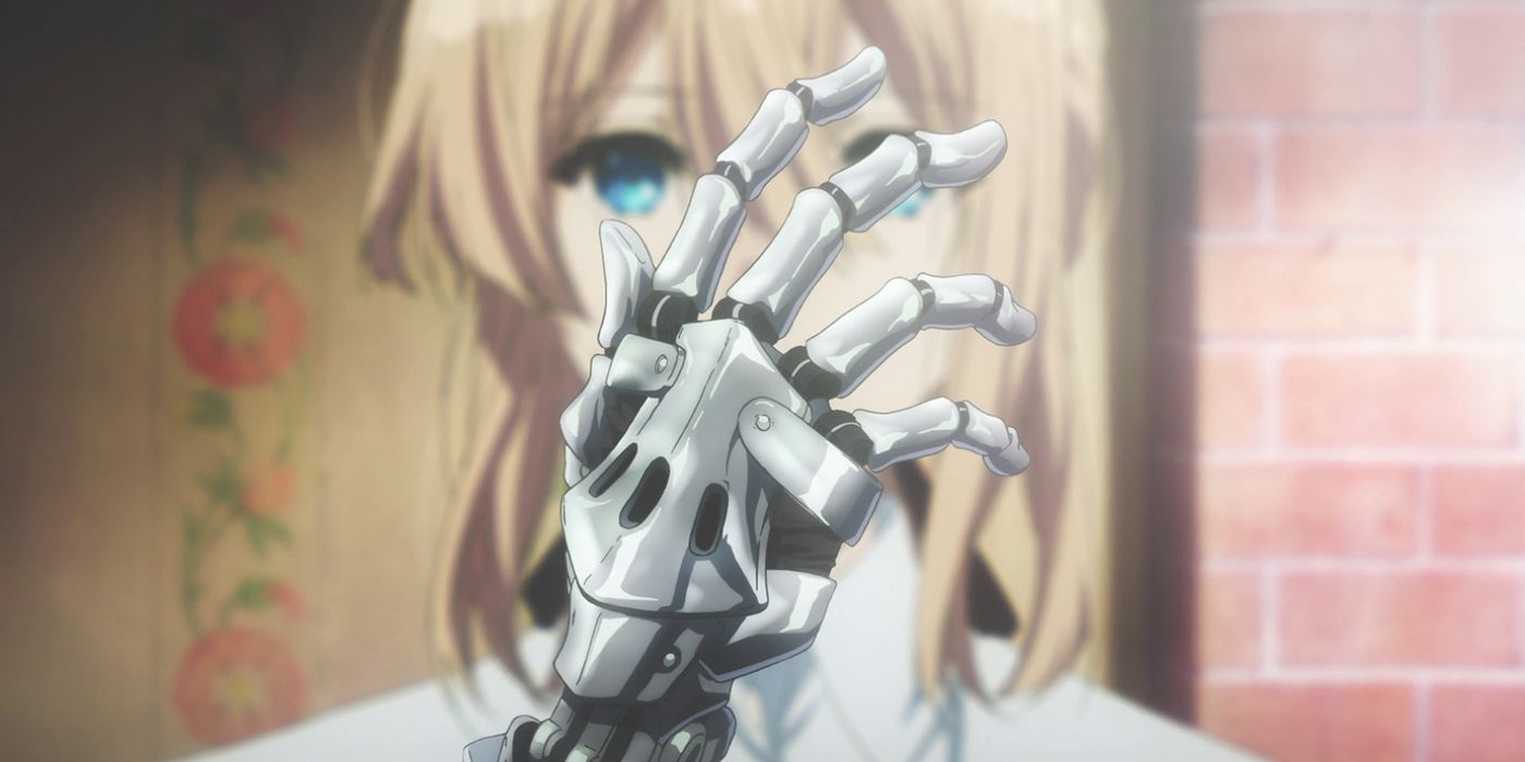 Violet from Violet Evergarden looks at her new hand