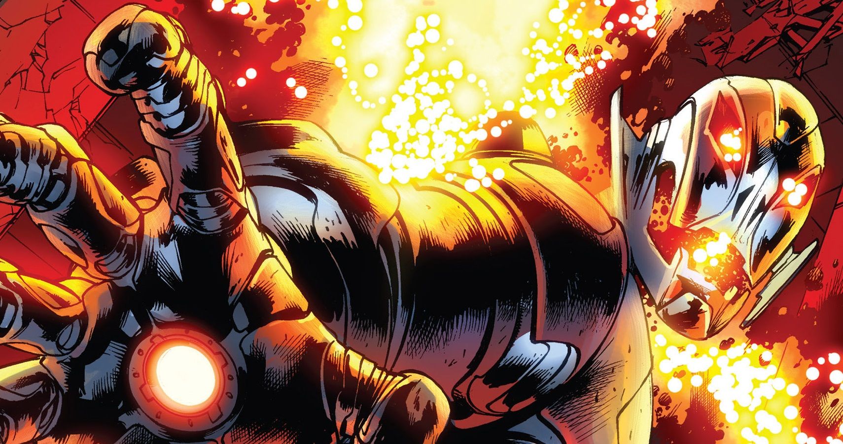 an image of ultron surrounded by sparks with a glow coming from his palm