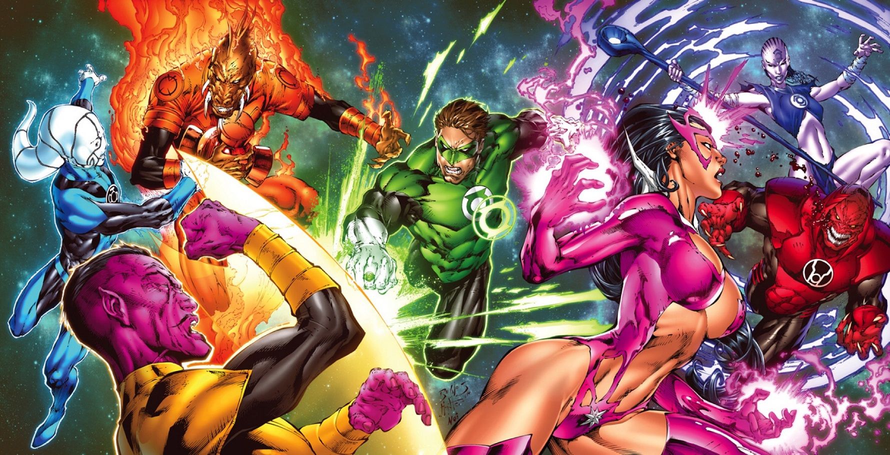 An image of several Lantern Corps battling each other in DC Comics