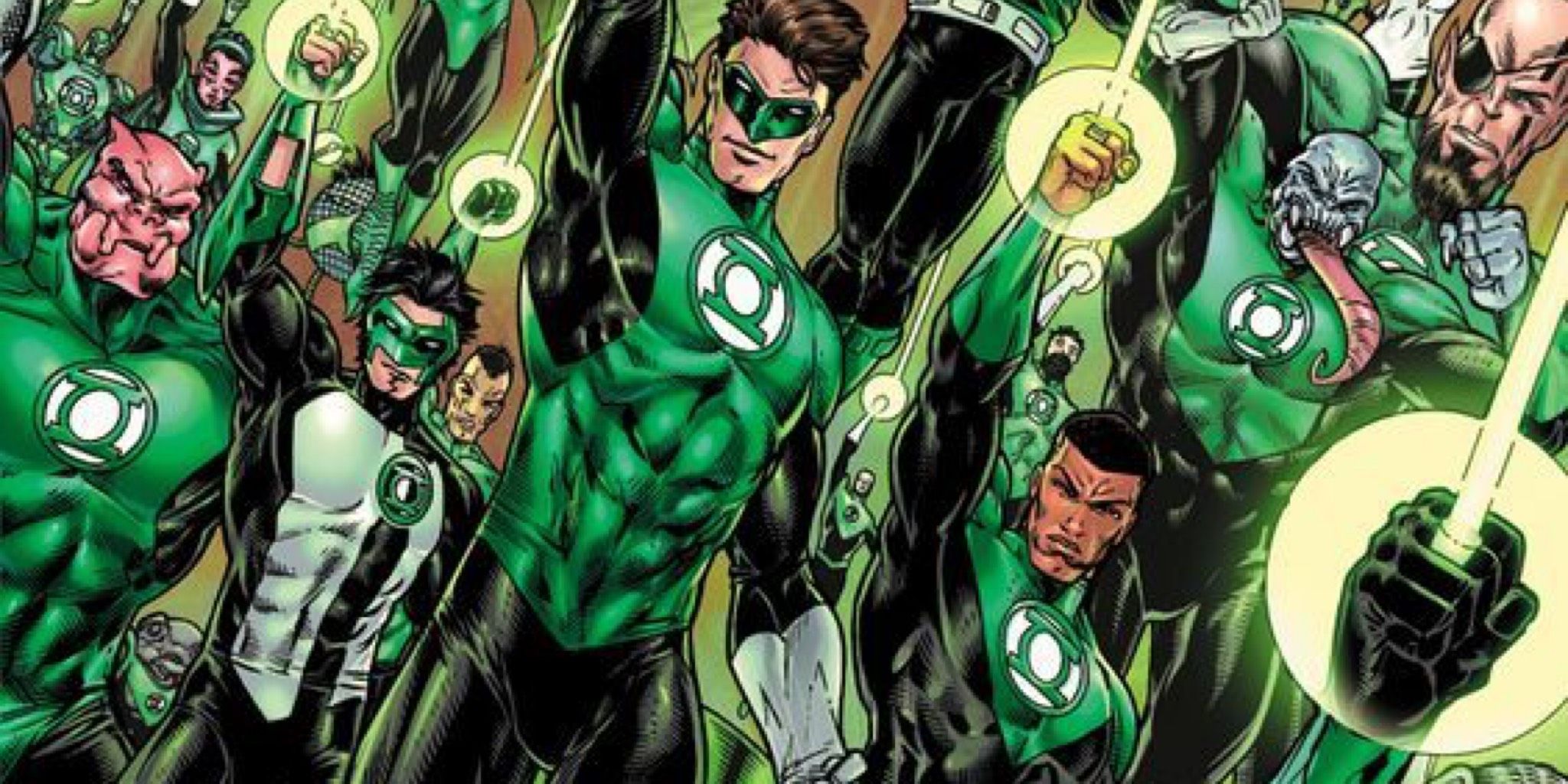 An image of Hal Jordan, Kyle Rayner, and other Green Lanterns from DC Comics