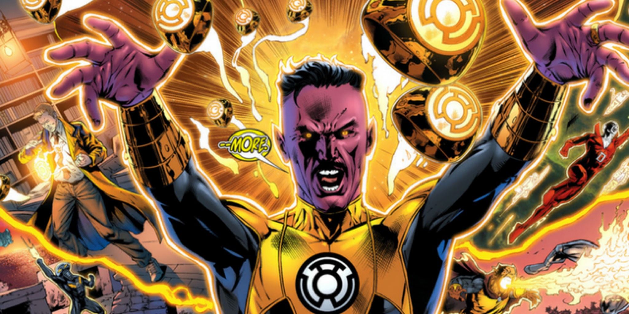 A closeup of Sinestro commanding his Sinestro Corp to engage in battle