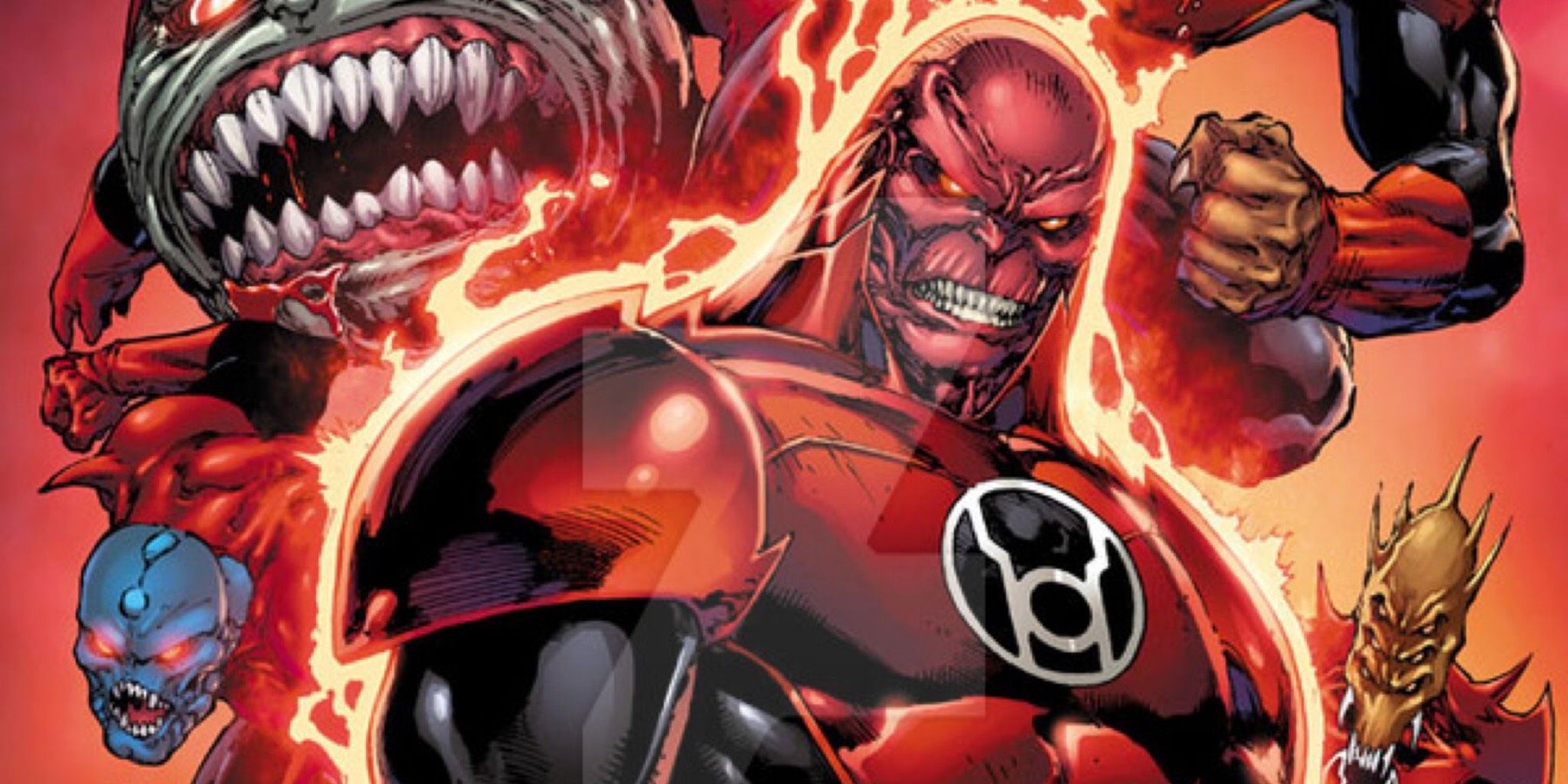 A closeup of Atrocitus with red energy crackling around him and his Red Lantern Corps in the background