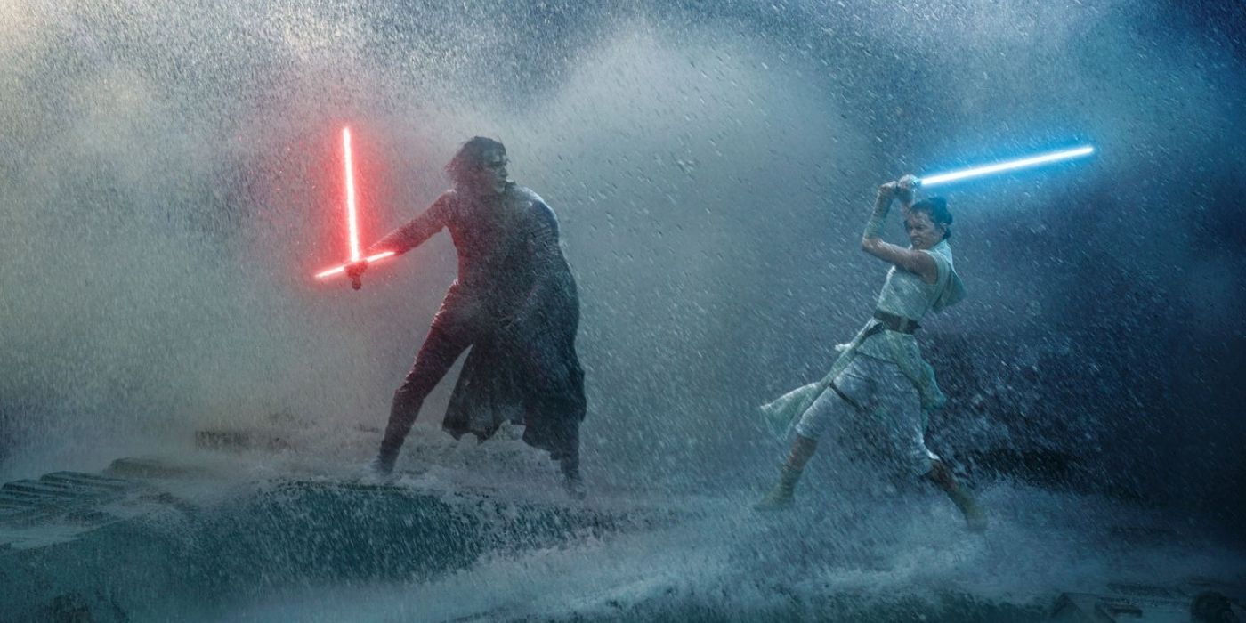 Kylo Ren and Rey in lightsaber duel as water droplets surround them both