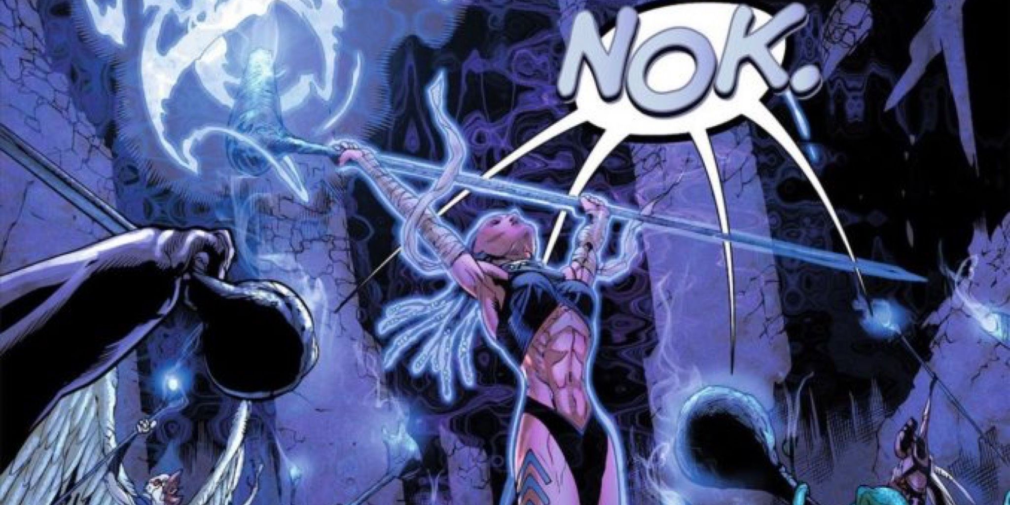 An image of the Indigo Tribe gathering together and chanting "Nok" in DC Comics