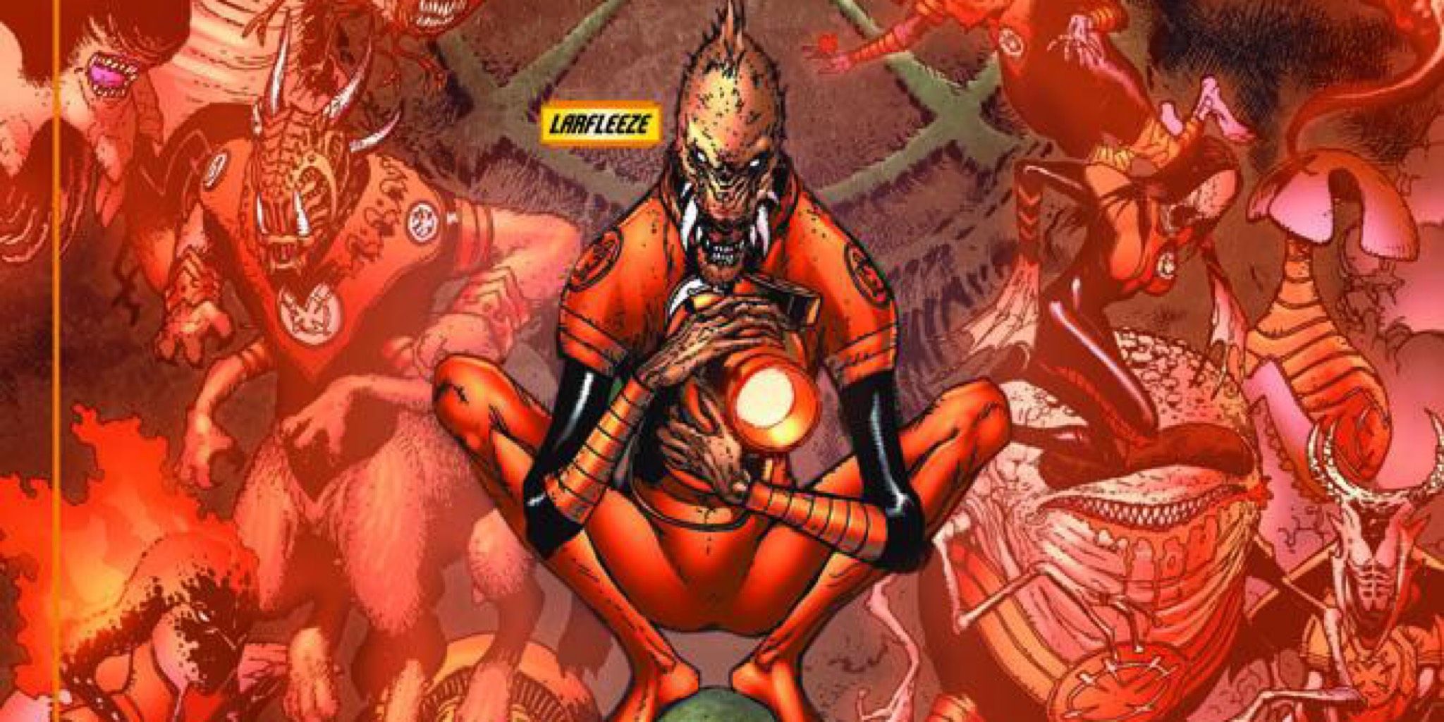 A closeup of Larfleeze clutching an Orange Lantern battery, surrounded by the Orange Lantern Corps