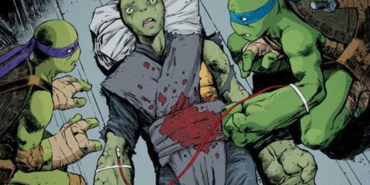 Jennika mid-transformation bleeds out while the Ninja Turtles try to save her, Leonardo gives her a blood transfusion