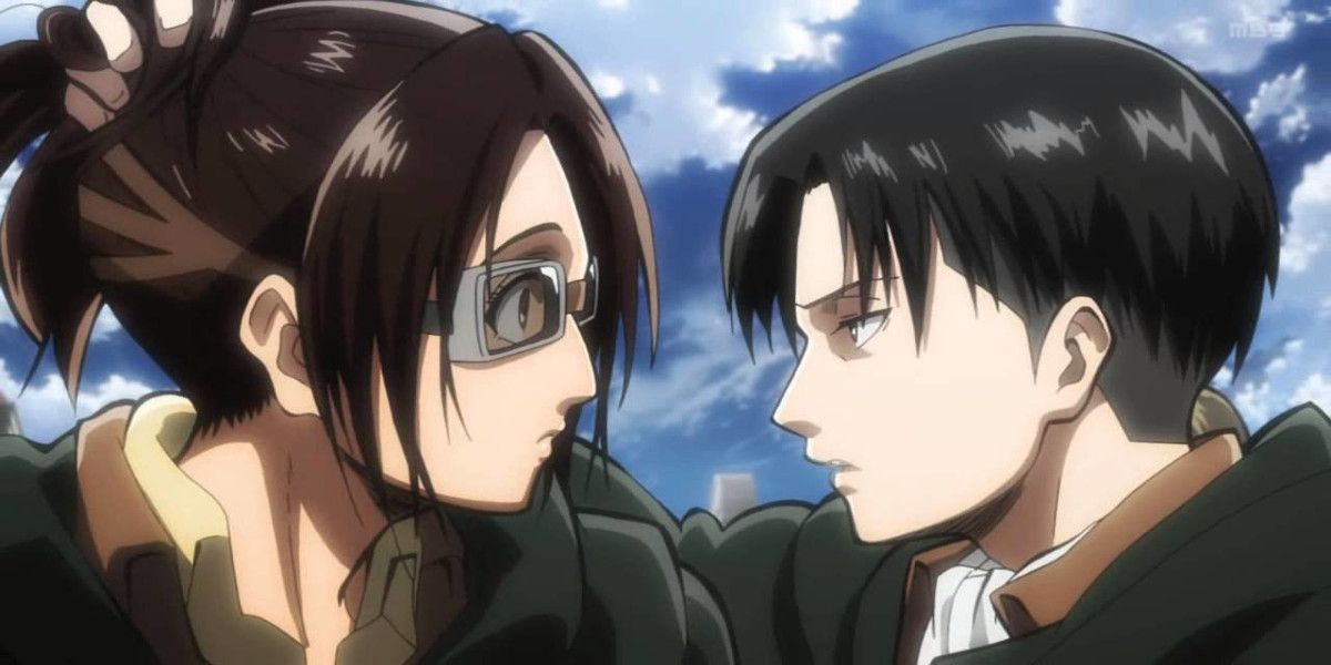 Hange Zoe and Levi Ackkerman staring at one another in Attack on Titan pre-timeskip