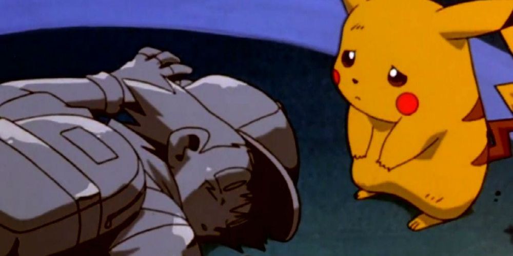 Pikachu cries over a petrified Ash in Pokemon: The First Movie