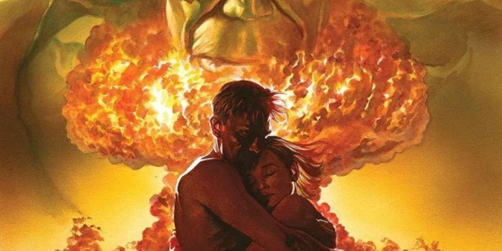 Bruce hugs Betty before and explosion featuring the Incredible Hulk