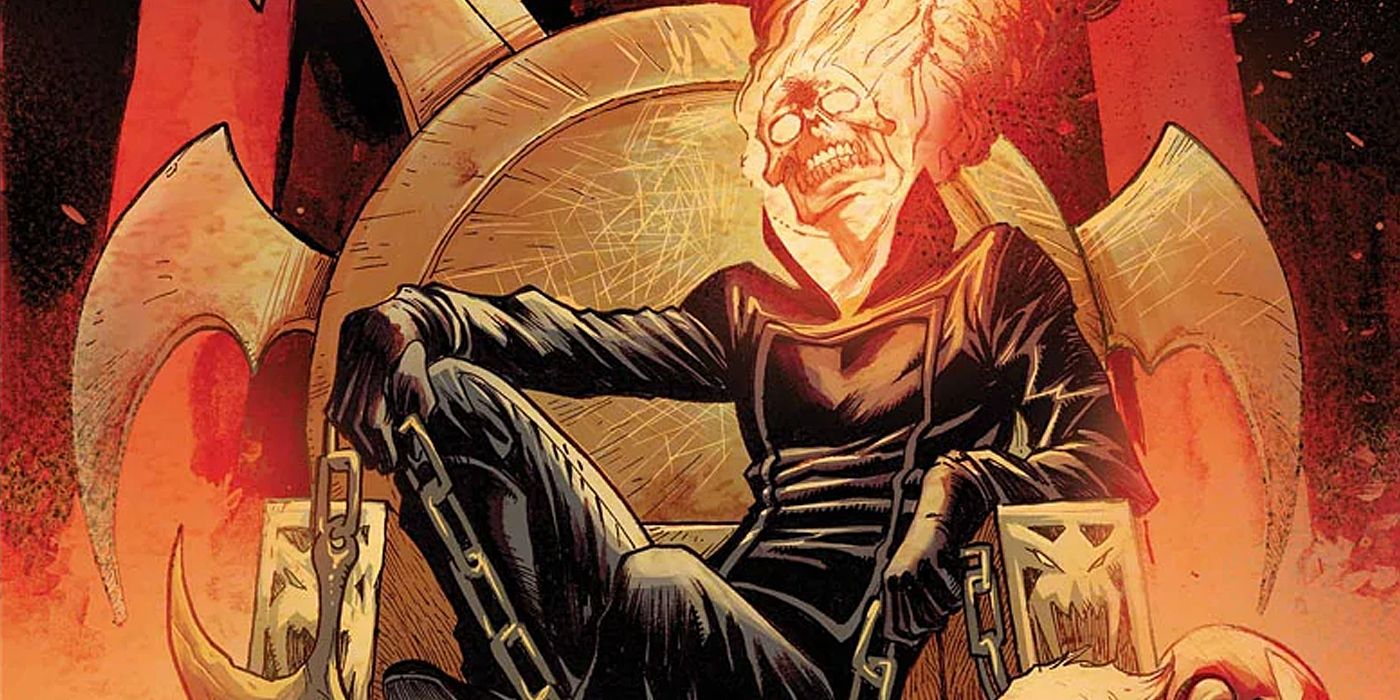 Marvel Comics' Ghost Rider sitting on a hellish throne