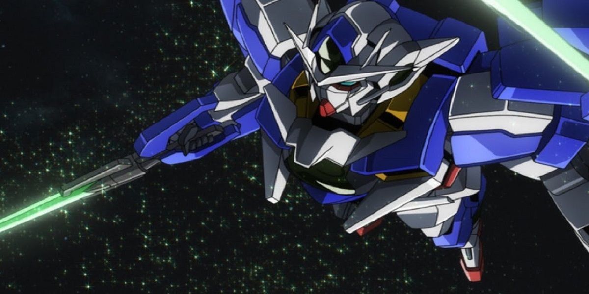 00 Qan T Gundam flying through space