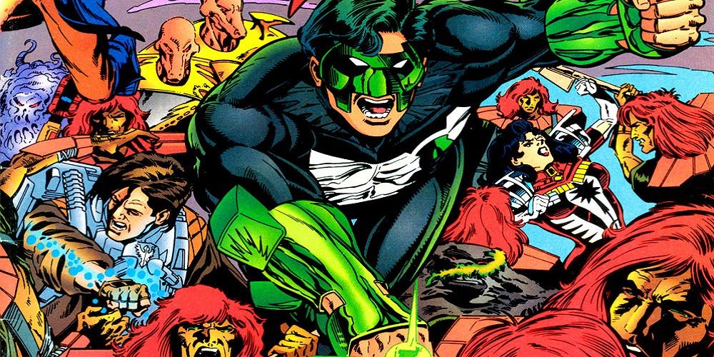 Kyle Rayner fighting alongside Titans from DC Comics