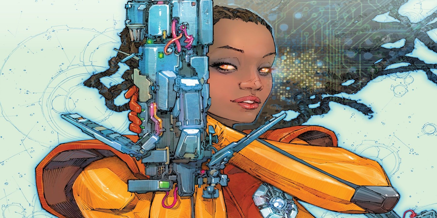 Valiant Comics' Livewire holding an advanced gun in her arm