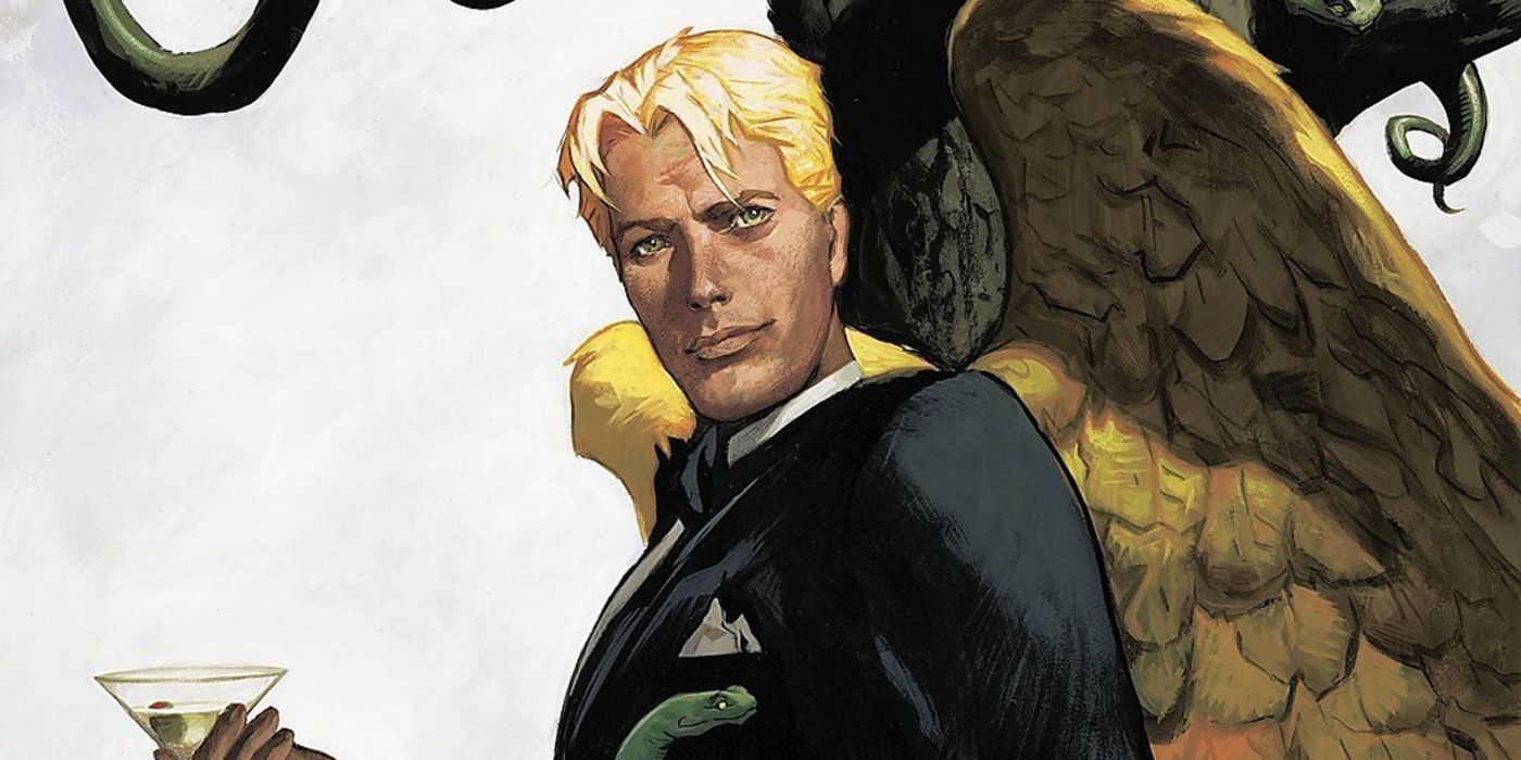An image of Lucifer from Sandman, smiling and holding a glass to drink