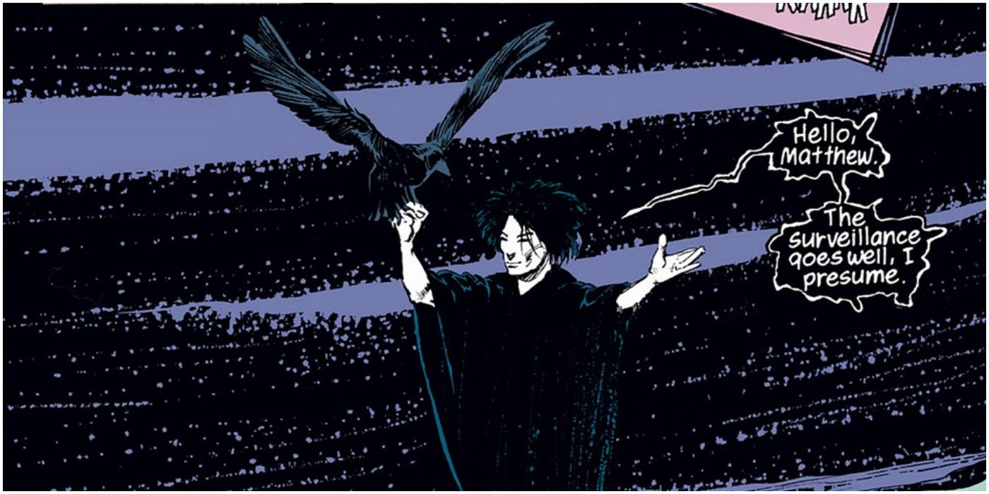 An image of Matthew the raven perched on Dream's hand in the Sandman comics