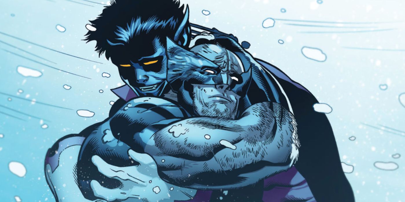 Wolverine and Nightcrawler hugging each other in the snow