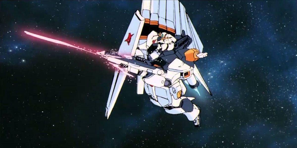 Nu Gundam flying through space firing a gun