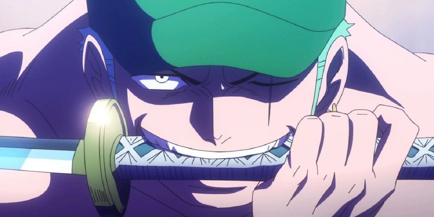 Zoro with a sword in his teeth and smiling