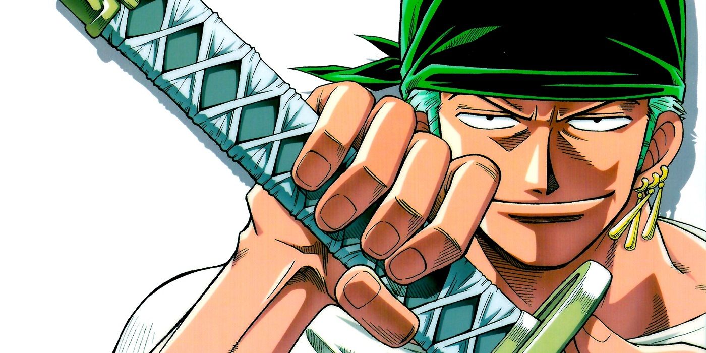 Roronoa Zoro holding a sword and smiling at the camera