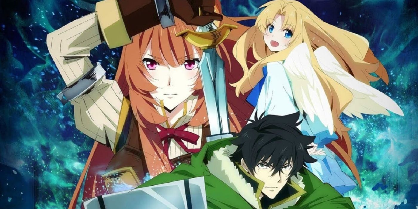 Naofumi and two warriors on a promo banner for The Rising Of The Shield Hero.