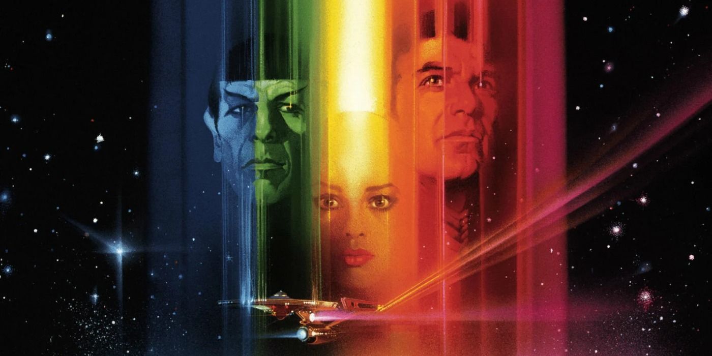 Spock, Ilia and Kirk in a rainbow over the Enterprise in the Star Trek: The Motion Picture poster.