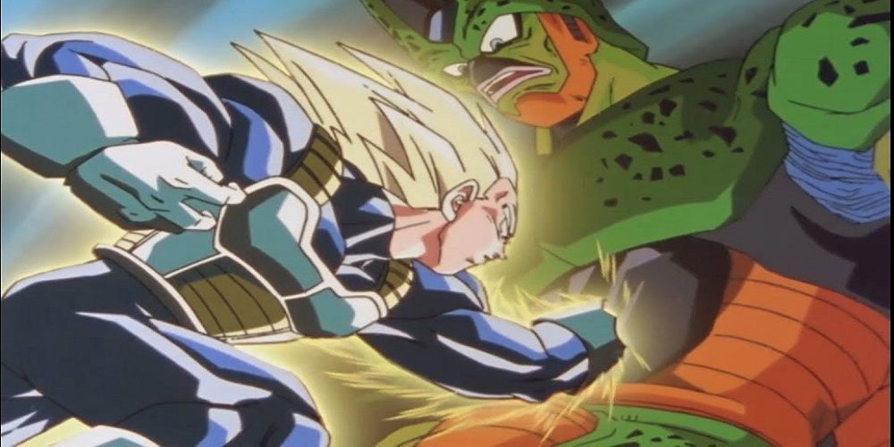 Super Vegeta Punches Semi-Perfect Cell In the stomach In Dragon Ball Z