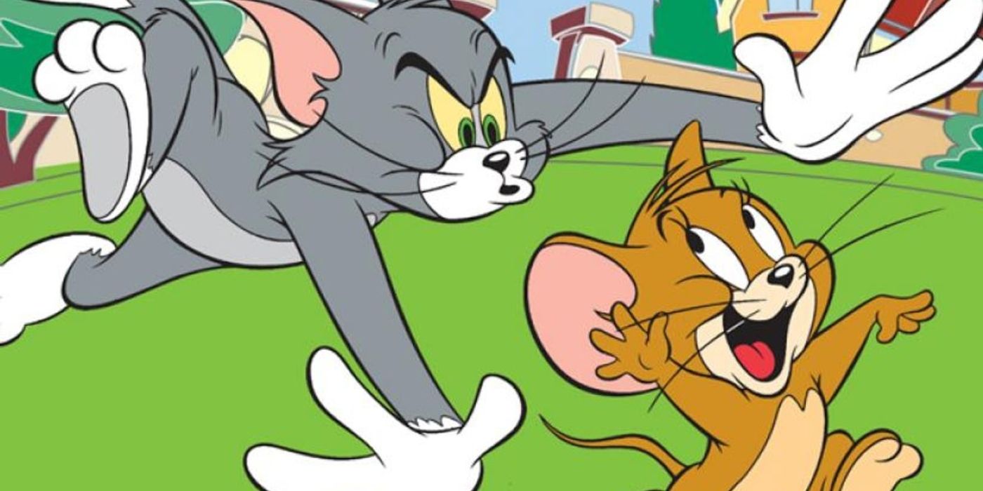 Tom chasing Jerry in the Tom and Jerry cartoon