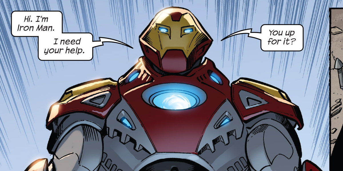 Iron Man from the Ultimates team descends and asks someone for assistance.