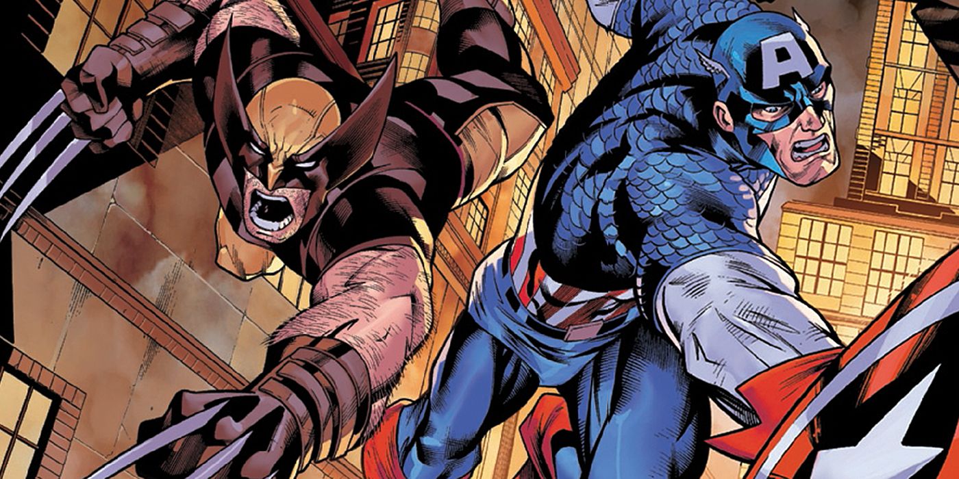 Wolverine and Captain America leaping into a battle together in Marvel Comics