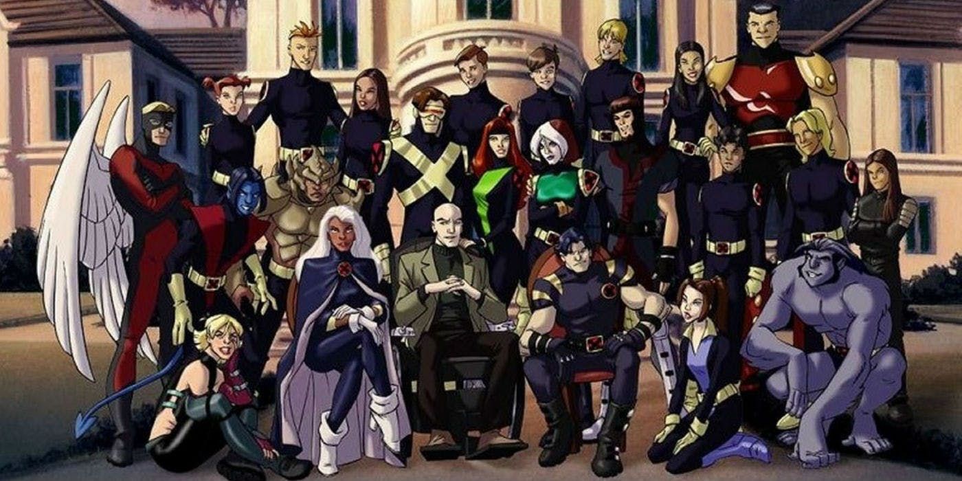 The main cast of X-Men: Evolution gathered for a photo outside the X-Mansion