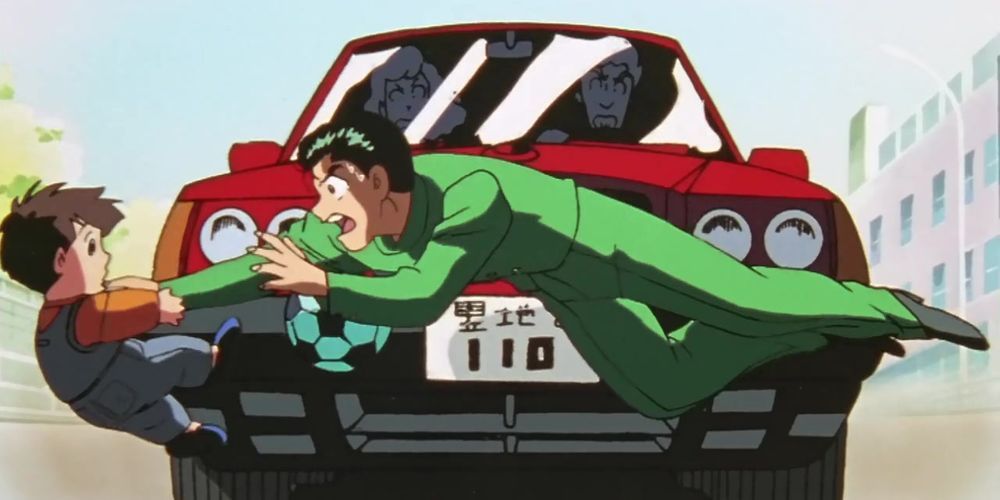 Yusuke Urameshi saving a kid from getting hit by a car in Yu Yu Hakusho